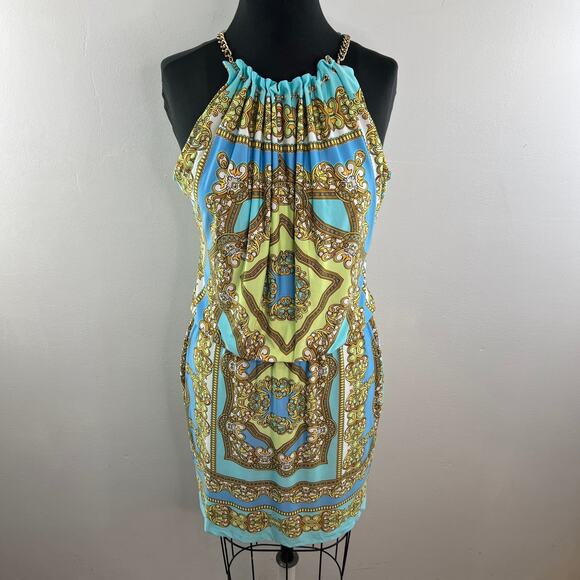 CACHE Womens Baroque Chain Halter Dress Blue Yellow Sleeveless Stretch Size M - Picture 2 of 10